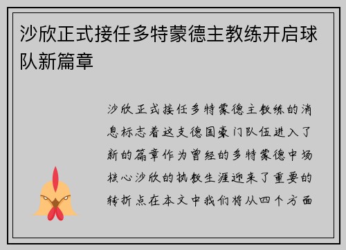 沙欣正式接任多特蒙德主教练开启球队新篇章 沙欣正式接任多特蒙德主教练开启球队新篇章