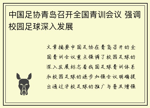 中国足协青岛召开全国青训会议 强调校园足球深入发展